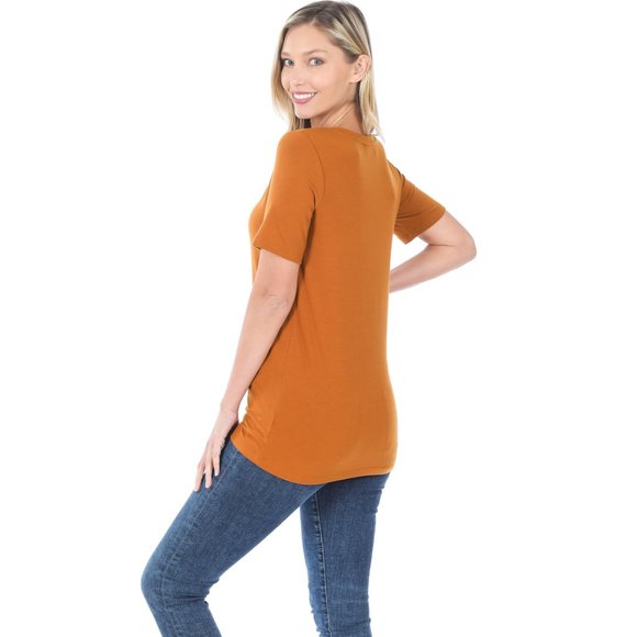 Zenana Camel Wardrobe Staple V Neck Tee - Picture 2 of 4